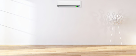 Modern bright living room lounge interior with air conditioning. 3D rendering