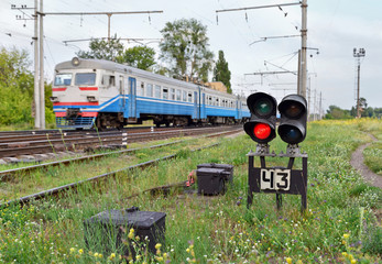 Railway signal showing stop aspect for the right side of the track. Ukraine.
