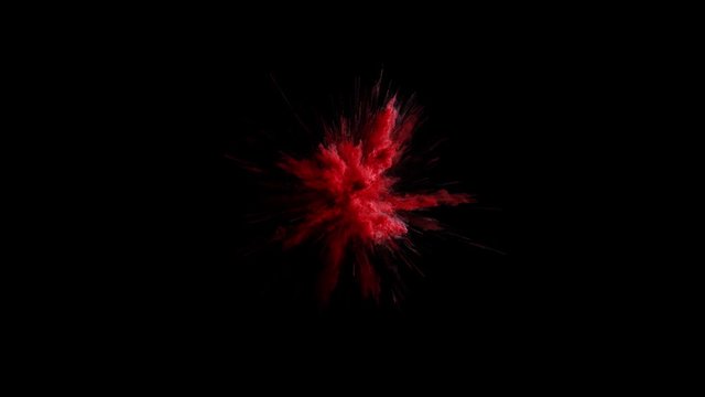 Cg animation of red powder explosion on black background. Slow motion movement with acceleration in the beginning. Has alpha matte. Wide angle version.