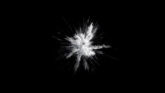 Cg animation of white powder explosion on black background. Slow motion movement with acceleration in the beginning. Has alpha matte. Wide angle version.