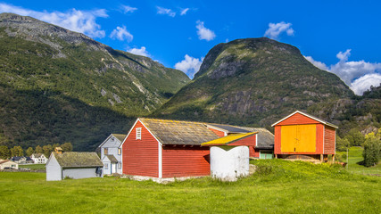 Fototapeta na wymiar Barns and sheds in norwegian farm village