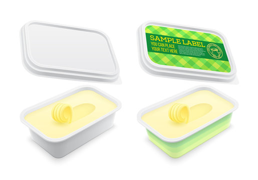 Vector labeled plastic square container with butter within. Packaging template illustration.