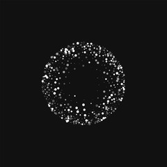 Random falling white dots. Small round frame with random falling white dots on black background. Vector illustration.