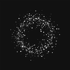 Random falling white dots. Small circle frame with random falling white dots on black background. Vector illustration.