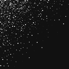 Random falling white dots. Scattered top left corner with random falling white dots on black background. Vector illustration.