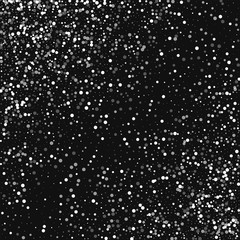 Random falling white dots. Abstract scattered pattern with random falling white dots on black background. Vector illustration.