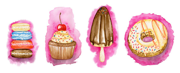 Collection sweets on pink: macarons, сupcakes, donut and ice cream. Watercolour illustration.