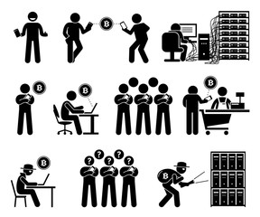 Cryptocurrency. Pictogram artwork depicts people using digital currency to buy and transfer  money. Illustrations also show how a person mining and stealing cryptocurrency with computers and servers. 