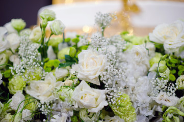 closeup droplet on white rose flower  / wedding flower decoration