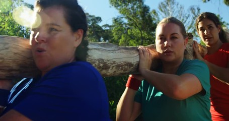 Group of fit women carrying a heavy wooden log during obstacle course - Powered by Adobe