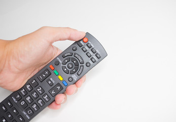 tv remote on hand white background