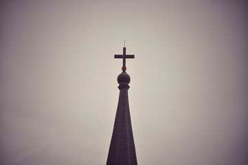 Cathedral of the Immaculate Conception at Chanthaburi, Thailand, Silhouette of cross, crucifix,...
