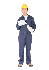 Worker using a tablet and holding blueprint on white