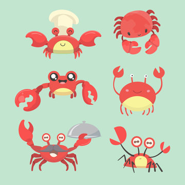 Illustration of a set of cartoon crab characters.