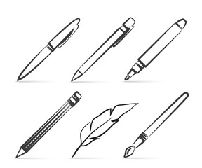 Collection of vector icons for writing and art tools in the style of linear design