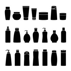Set of black cosmetic cans and bottles icons - 165637198