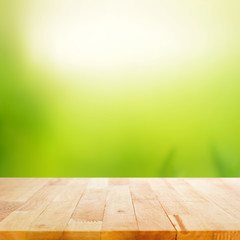 Wood table top on white green abstract background