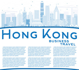 Outline Hong Kong Skyline with Blue Buildings and Copy Space.