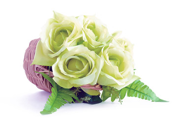 Green rose flowers in wicker basket - retro style lighting effect