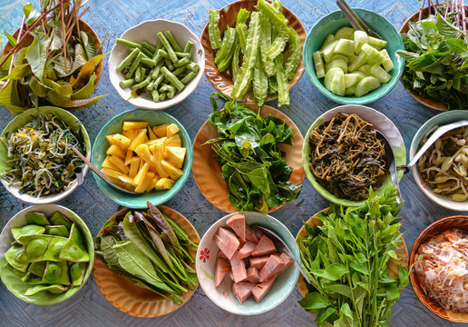 Variety of  local vegetables having with curry rice noodle (Thai Southern style)