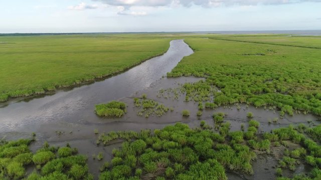 Aerial View Flying over the Marsh and Delaware Bay Beach New Jersey
