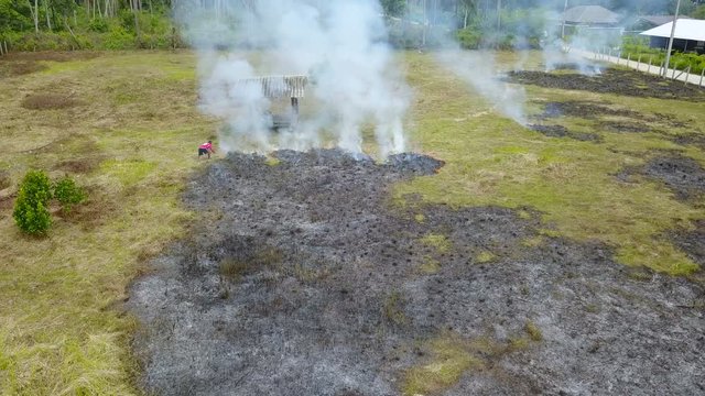 Aerial View of Man Trying to Extinguish Field Fire