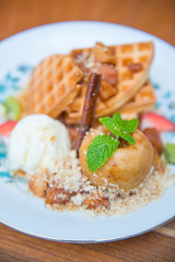 waffle with vanilla ice cream and apple