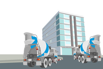 Concrete mixed service scene vector cement truck and construction background