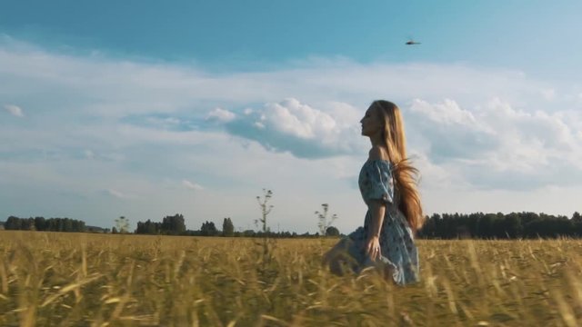 Beautiful Girl Running Summer Field Sunset Kite