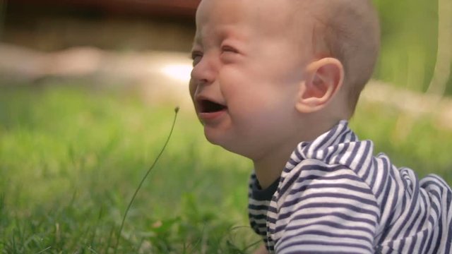 A small child lies on the grass grins and plays witht grass close-up