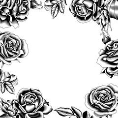 Beautiful black graphic roses frame on white background. Vector.