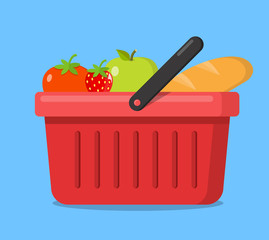 Einkaufskorb mit Gemüse Obst und Brot Icon Flat Design Vektor Grafik Illustration