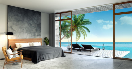 Modern Loft  interior of Bedroom ,Summer , sun loungers on Sunbathing deck and private swimming pool with  panoramic sea view at villa/3d rendering