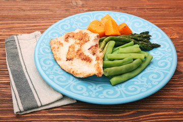 Roast turkey fillet with asparagus pumpkin and green beans