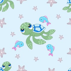Seamless pattern with whales and the marine elements. Vector illustration.