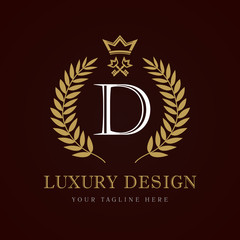 Luxury Design calligraphic crown key monogram logo. Laurel elegant beautiful round logo with crown and key. Vector letter emblem sign D for Royalty, Restaurant, Boutique, Hotel, Heraldic, Jewelry
