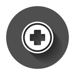 Medical health vector icon. Medicine hospital plus sign illustration on black round background with long shadow.
