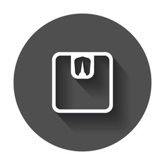 Bathroom scale weigher vector icon. Weigher, balance sign illustration on black round background with long shadow.