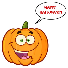 Orange Pumpkin Vegetables Cartoon Emoji Face Character With Expression. Illustration Isolated On White Background With Speech Bubble And Text Happy Halloween