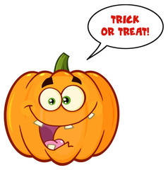 Orange Pumpkin Vegetables Cartoon Emoji Face Character With Expression. Illustration Isolated On White Background With Speech Bubble And Text Happy Halloween