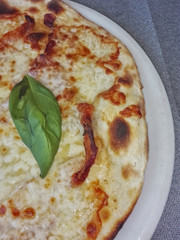 white pizza with a green basil leaf on a gray background