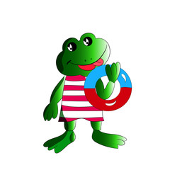 A merry frog with a bathing circle in his hand, a cartoon on a white background.