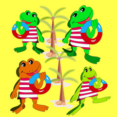 Collection of merry frogs with a bathing circle in the hand, a cartoon on a background zolot.