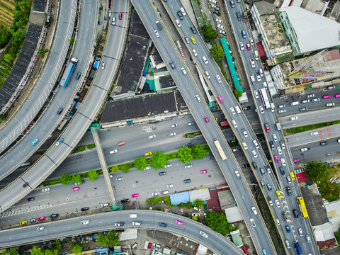 Aerial  shot,view from the drone on the road junction of Bangkok,Thailand