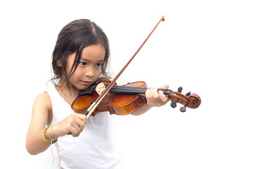 Asian boy playing violin in undershirt isolated on white background © bigjom