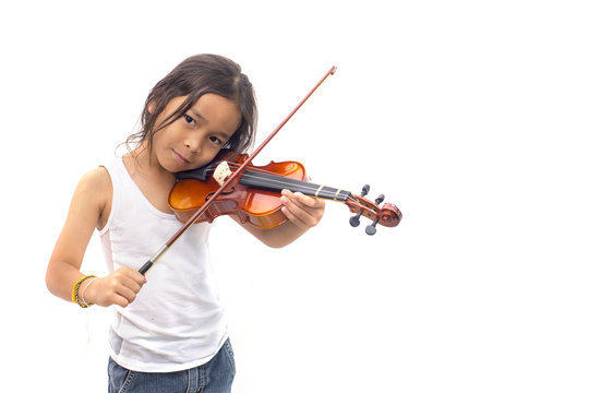 Asian Boy Playing Violin In Undershirt Isolated On White Background