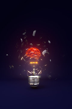 The explosion of light bulb brain and it can be a symbolic of human thinking when it comes up with the best idea. think outside the box,3d illustration
