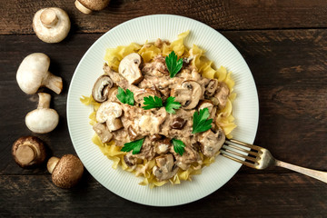 Mushroom beef stroganoff with egg pasta and copy space