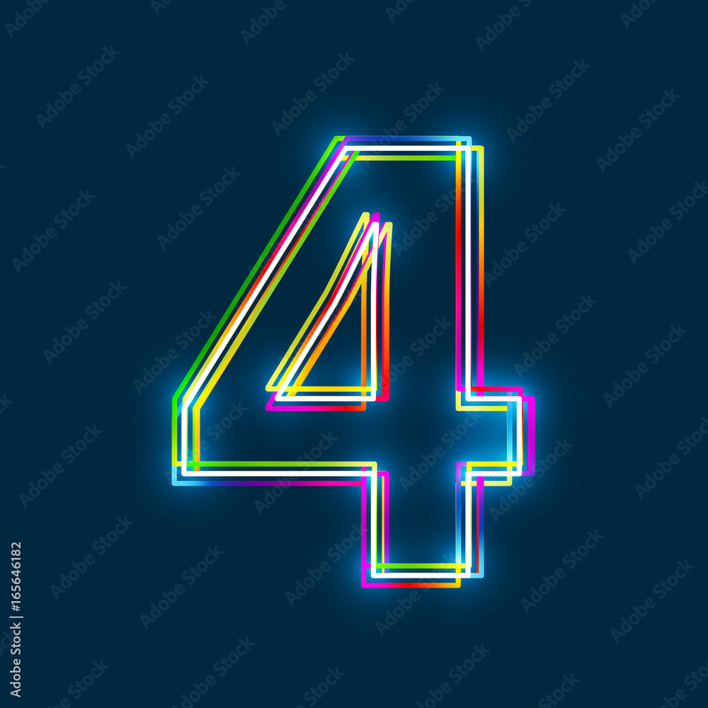Fototapete Number 4 - Vector multicolored outline font with glowing effect isolated on blue background. EPS10