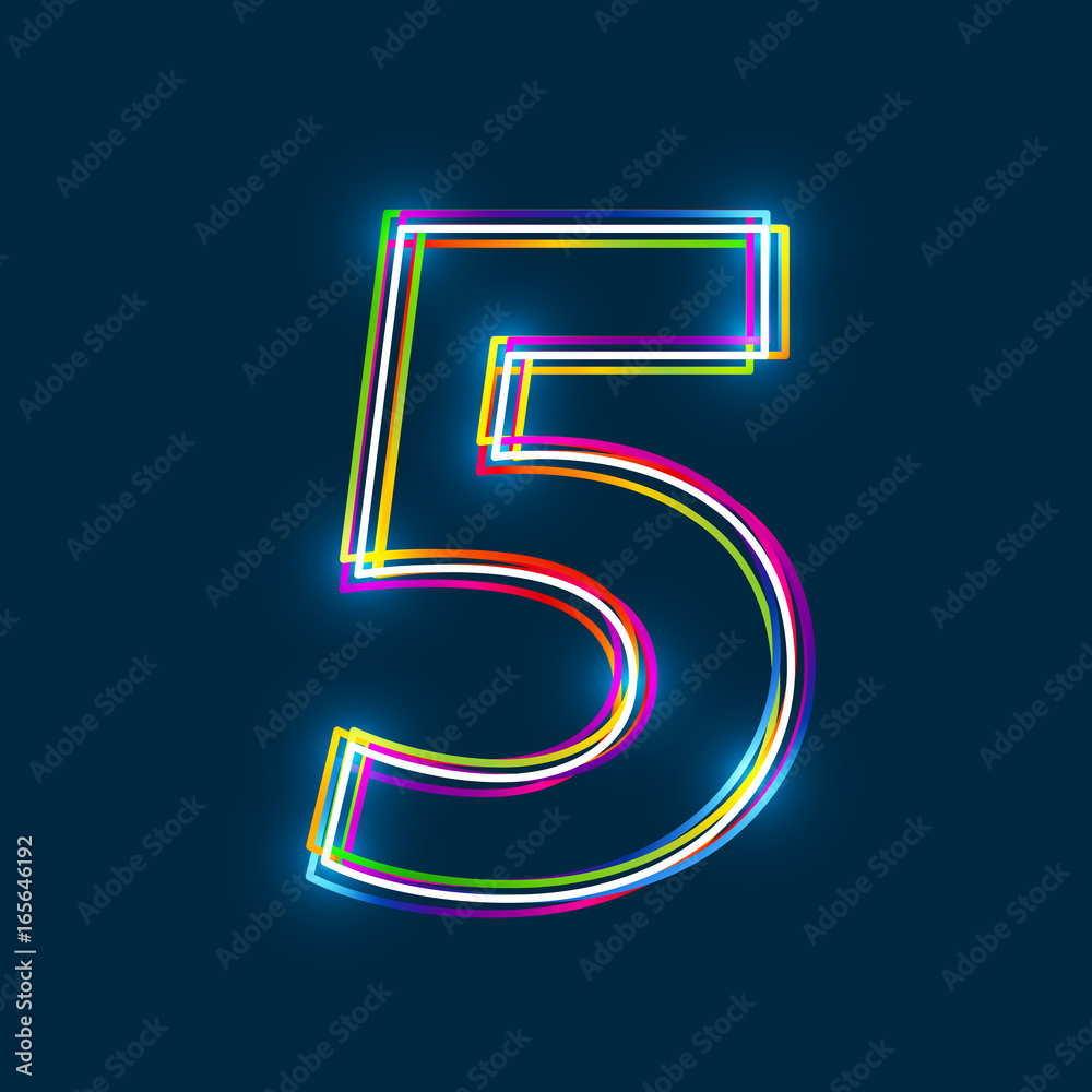 Poster Number 5 - Vector multicolored outline font with glowing effect isolated on blue background. EPS10